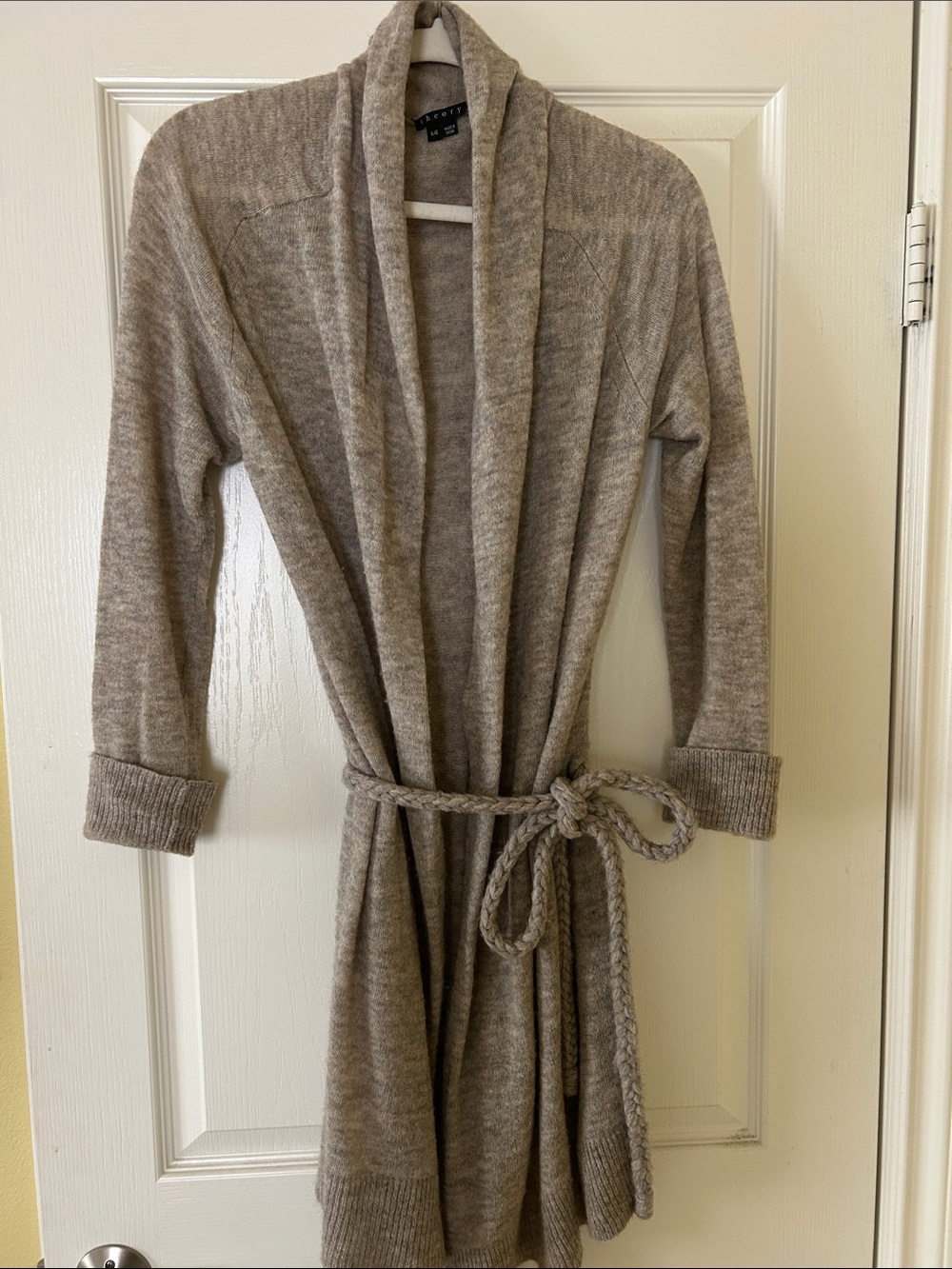 Theory Taupe Shawl Collar Belted Cardigan